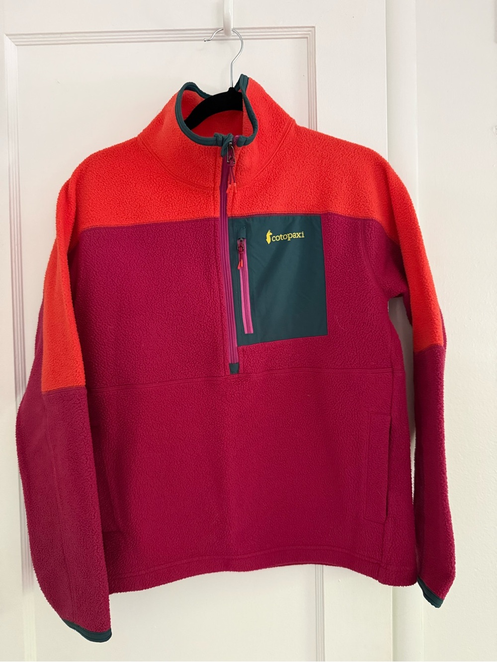 Cotopaxi Woman’s Half-Zip Fleece Pullover - Magenta & Orange with Teal Pocket